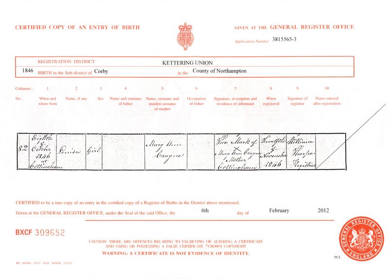 The birth certificate Louisa Crane (1846)