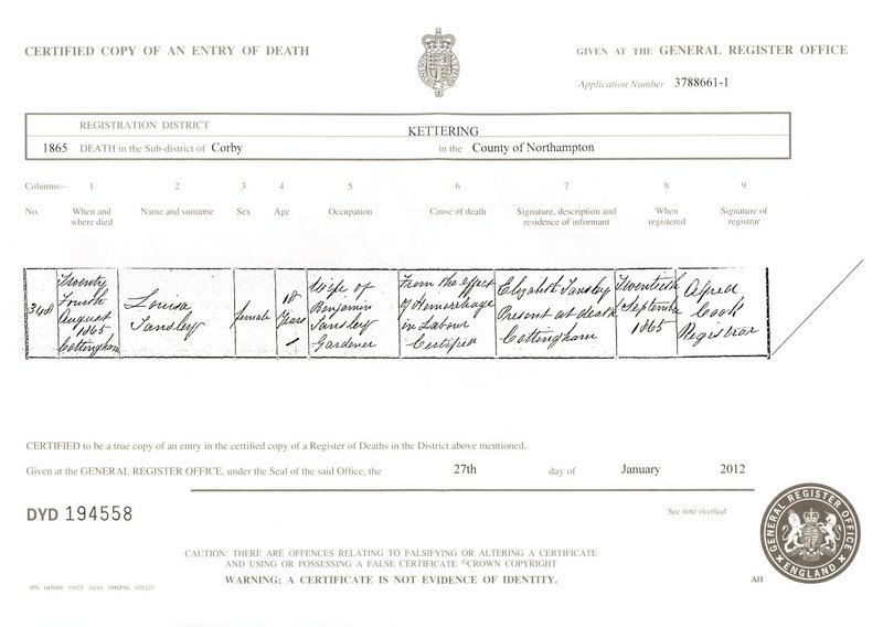 The death certificate of Louisa Crane (1865)